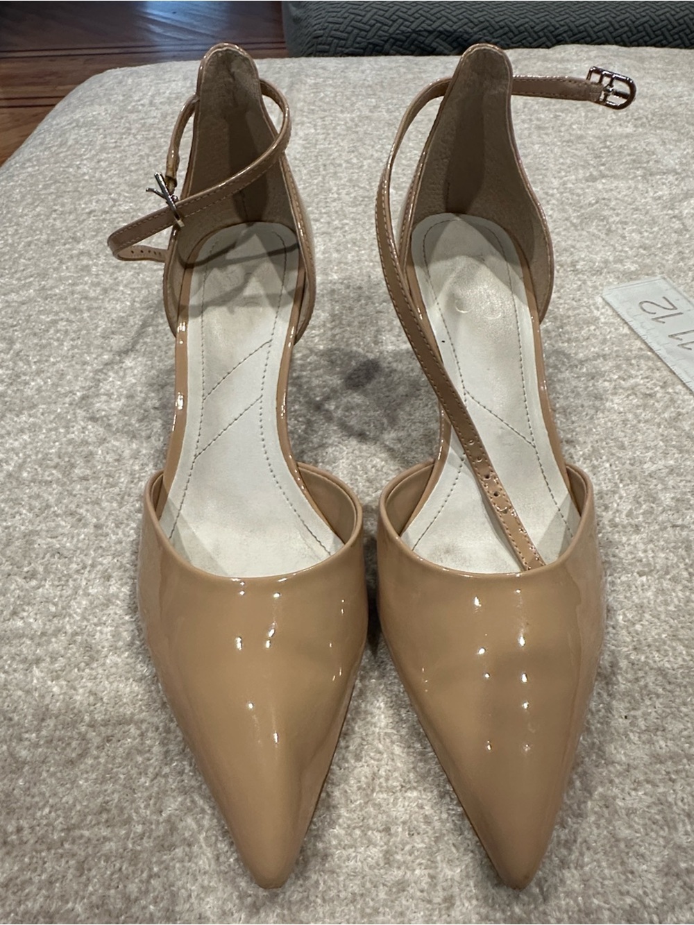 Franco Sarto Nude Patent Pointed-Toe Ankle-Strap Heels
